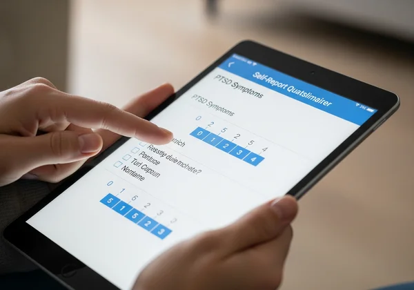 Person completing a PCL-5 questionnaire on a digital device.