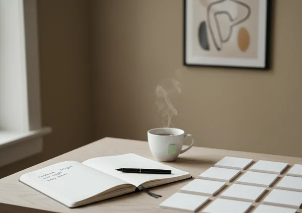 Scrivania tranquilla con appunti sui sintomi e tè