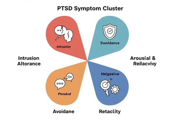 Infographic showing the four core PTSD symptom clusters.