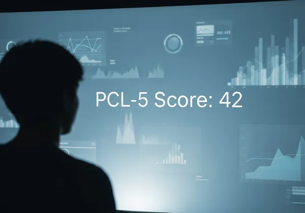Person viewing a digital PCL5 score on a screen, gaining clarity