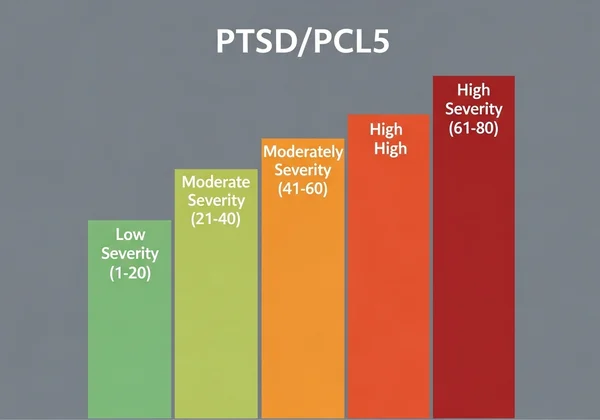 A visual scale showing PCL5 score severity levels, low to high