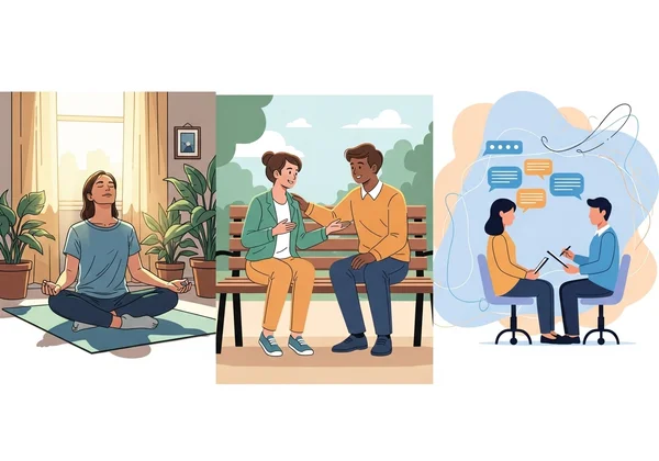 Diverse individuals engaged in self-care and mutual support activities