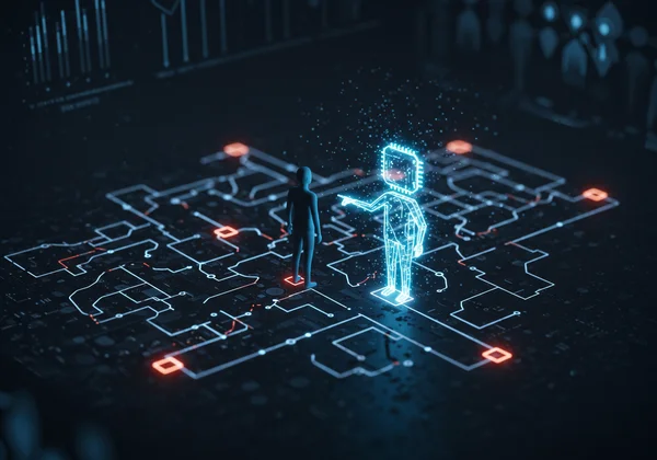 IA guiando um usuário por um mapa de saúde mental, insights.