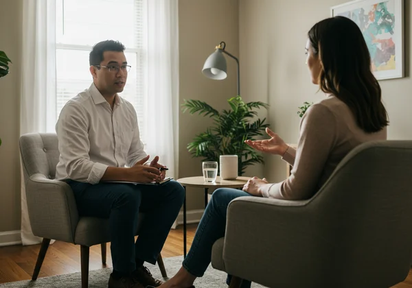 Compassionate therapist in a clinical interview with a patient.