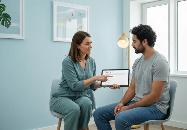 Therapist and patient discussing PCL5 AI report results